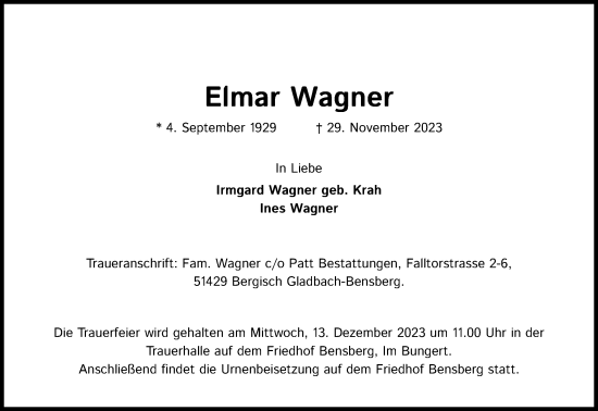 Anzeige von Elmar Wagner von Kölner Stadt-Anzeiger / Kölnische Rundschau / Express