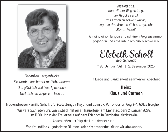 Anzeige von Elsbeth Scholl von  Werbepost 