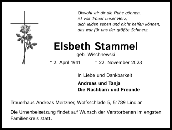 Anzeige von Elsbeth Stammel von Kölner Stadt-Anzeiger / Kölnische Rundschau / Express