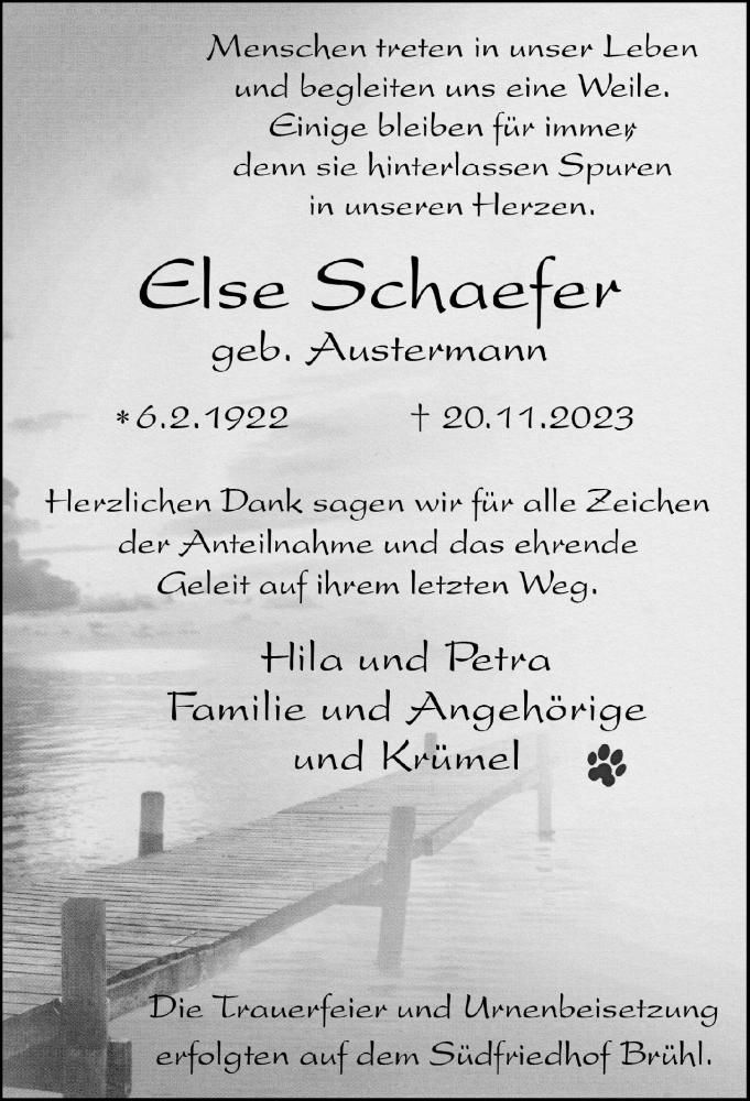  Traueranzeige für Else Schäfer vom 15.12.2023 aus  Schlossbote/Werbekurier 