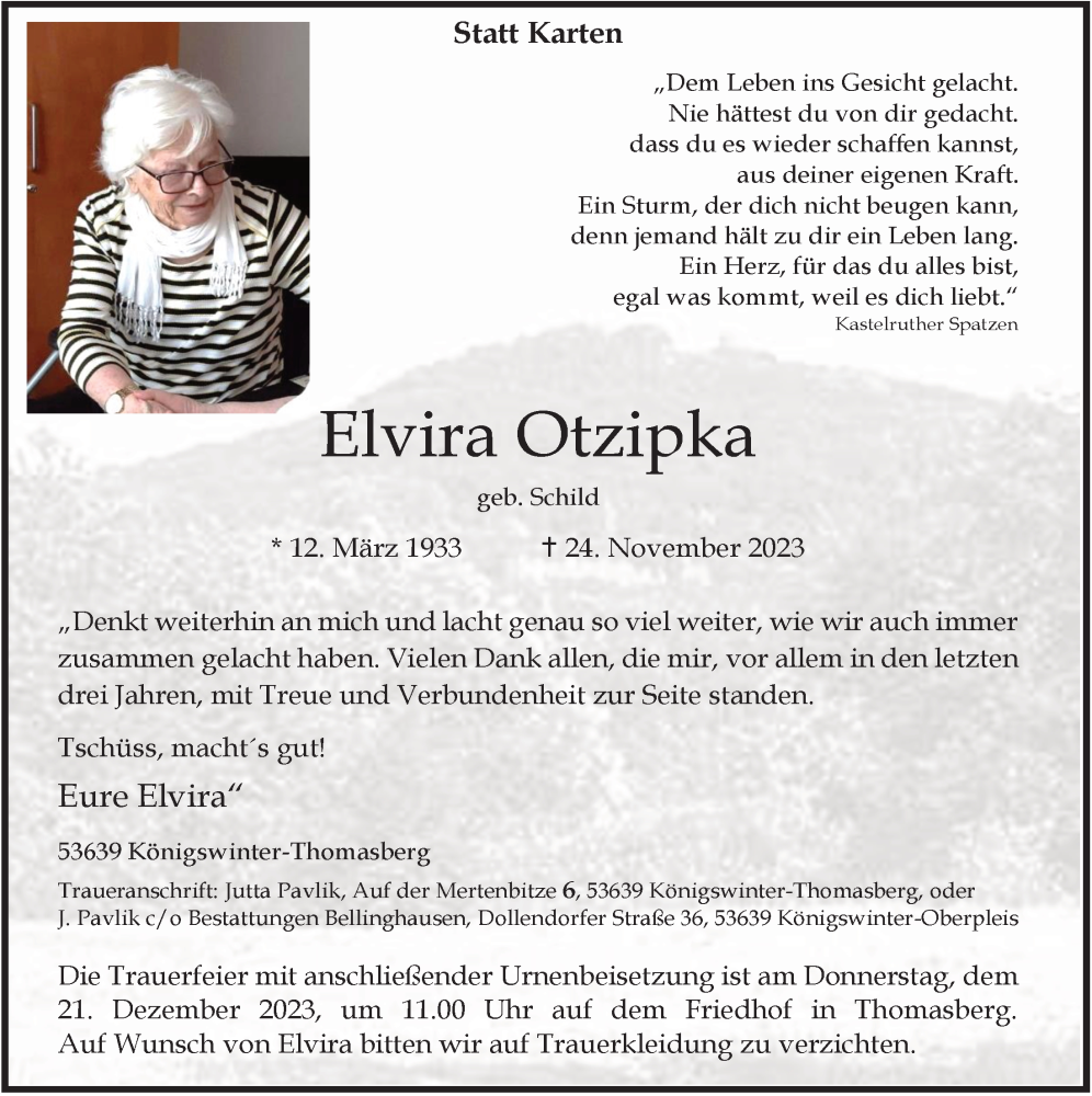  Traueranzeige für Elvira Otzipka vom 15.12.2023 aus  Extra Blatt 