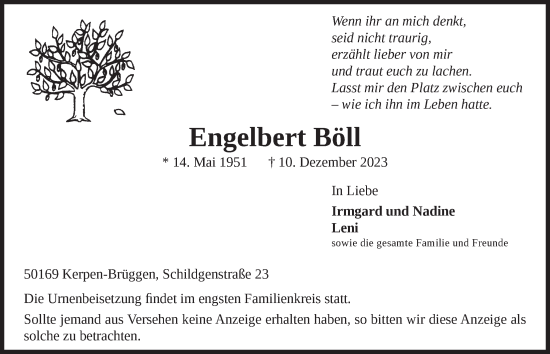 Anzeige von Engelbert Böll von  Werbepost 