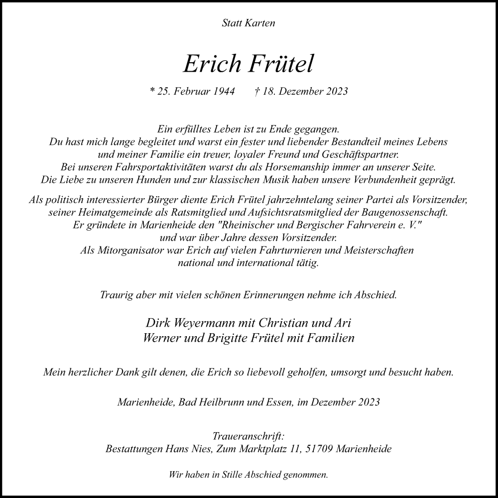  Traueranzeige für Erich Frütel vom 23.12.2023 aus Kölner Stadt-Anzeiger / Kölnische Rundschau / Express