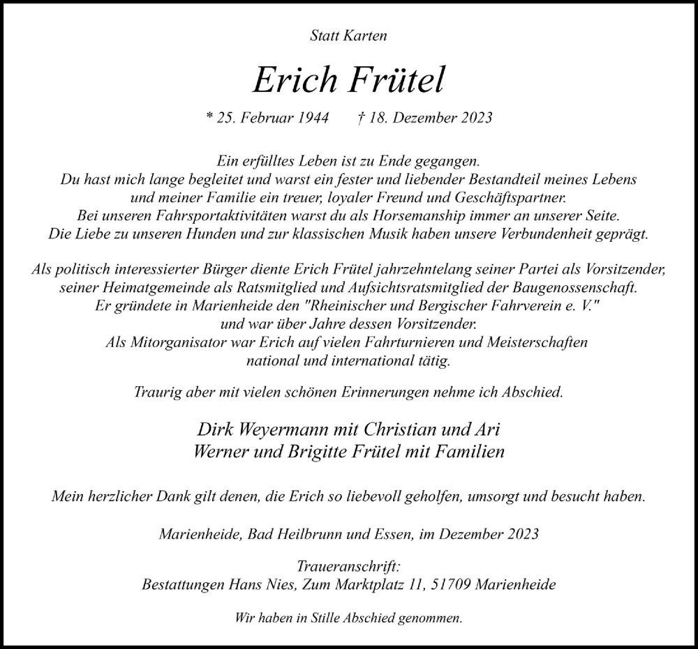  Traueranzeige für Erich Frütel vom 22.12.2023 aus  Anzeigen Echo 