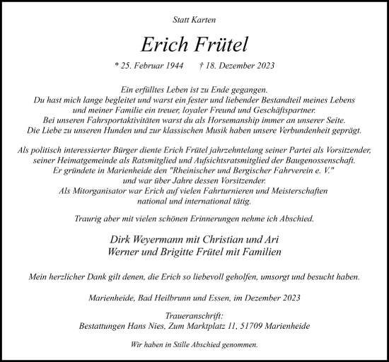 Anzeige von Erich Frütel von  Anzeigen Echo 