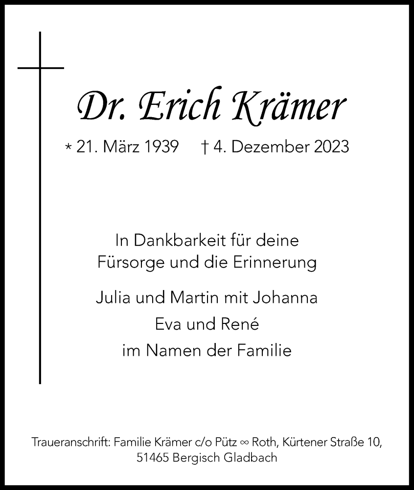  Traueranzeige für Erich Krämer vom 23.12.2023 aus Kölner Stadt-Anzeiger / Kölnische Rundschau / Express