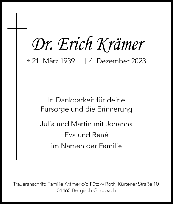 Anzeige von Erich Krämer von Kölner Stadt-Anzeiger / Kölnische Rundschau / Express
