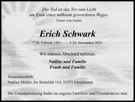 Anzeige von Erich Schwank von Kölner Stadt-Anzeiger / Kölnische Rundschau / Express