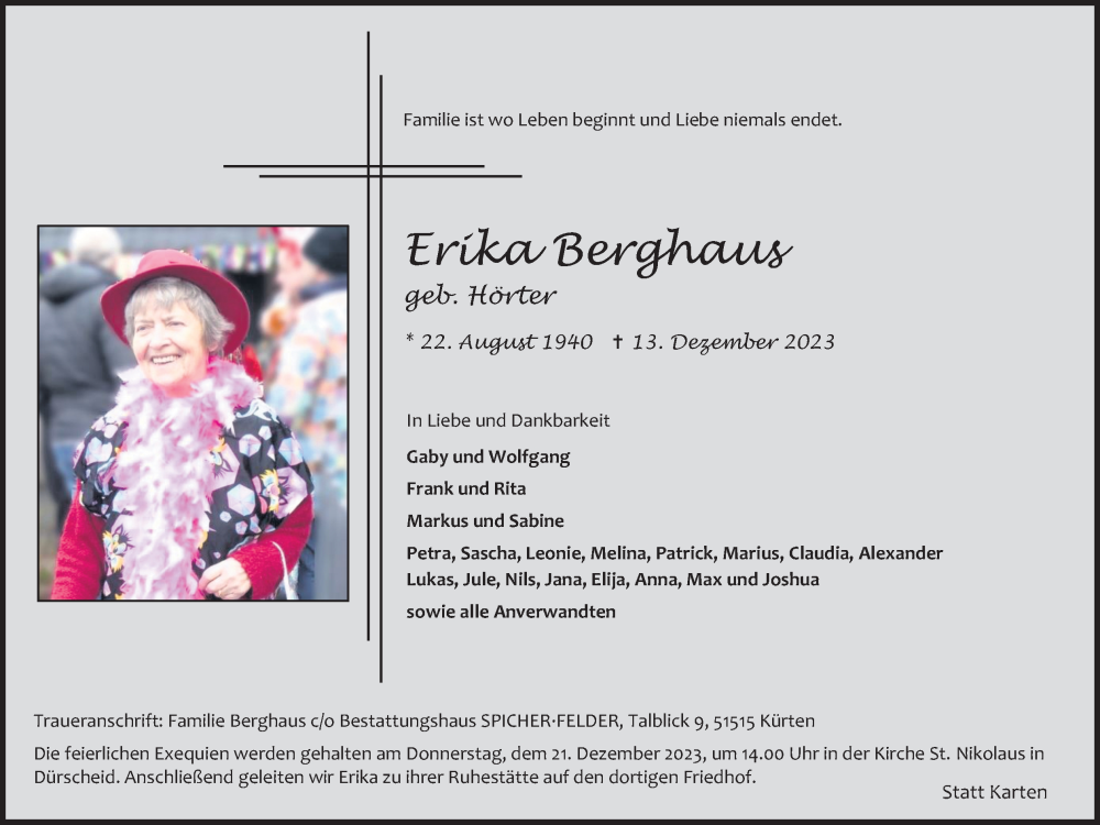  Traueranzeige für Erika Berghaus vom 16.12.2023 aus Kölner Stadt-Anzeiger / Kölnische Rundschau / Express