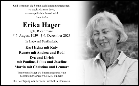 Anzeige von Erika Hager von Kölner Stadt-Anzeiger / Kölnische Rundschau / Express