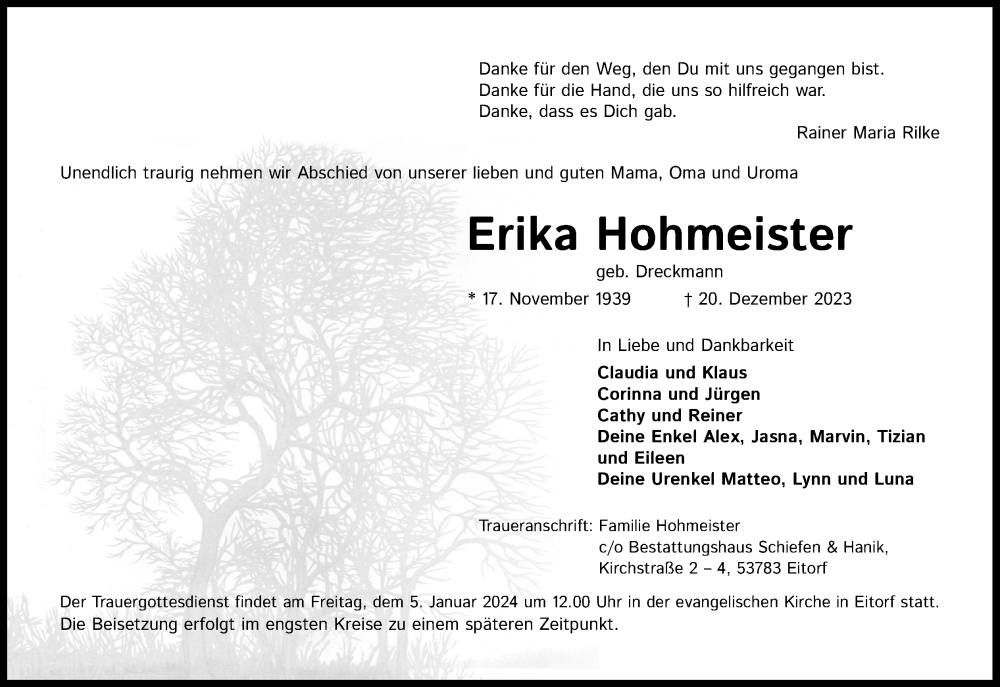 Traueranzeige für Erika Hohmeister vom 30.12.2023 aus Kölner Stadt-Anzeiger / Kölnische Rundschau / Express