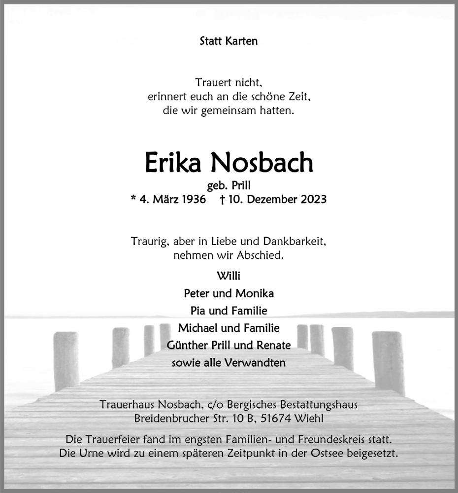  Traueranzeige für Erika Nosbach vom 22.12.2023 aus  Anzeigen Echo  Lokalanzeiger 