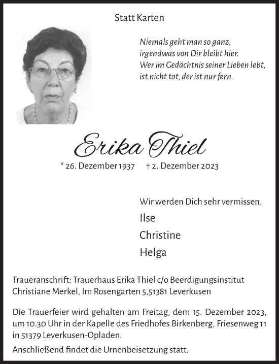 Anzeige von Erika Thiel von  Lokale Informationen 