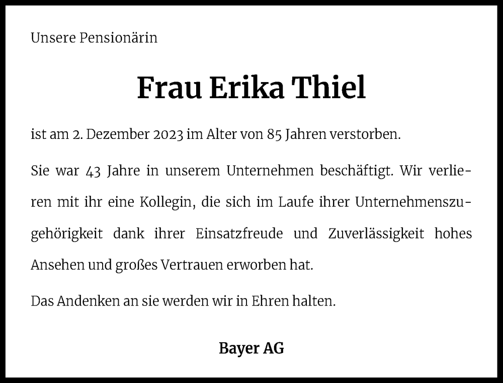  Traueranzeige für Erika Thiel vom 21.12.2023 aus Kölner Stadt-Anzeiger / Kölnische Rundschau / Express