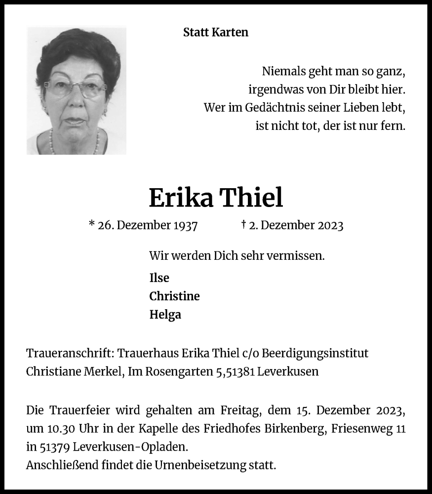  Traueranzeige für Erika Thiel vom 09.12.2023 aus Kölner Stadt-Anzeiger / Kölnische Rundschau / Express