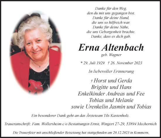 Anzeige von Erna Altenbach von  Blickpunkt Euskirchen 