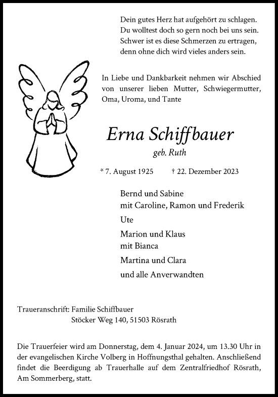 Anzeige von Erna Schiffbauer von Kölner Stadt-Anzeiger / Kölnische Rundschau / Express