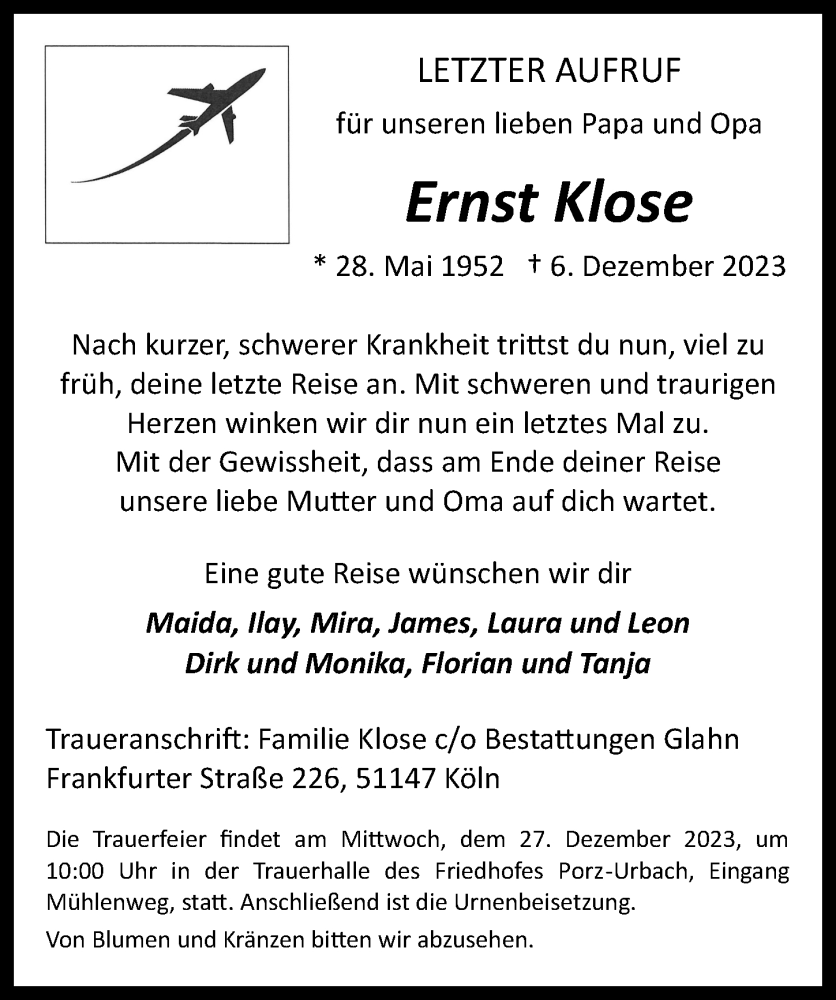  Traueranzeige für Ernst Klose vom 15.12.2023 aus  EXPRESS - Die Woche 
