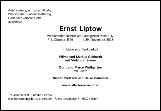 Anzeige von Ernst Liptow von Kölner Stadt-Anzeiger / Kölnische Rundschau / Express