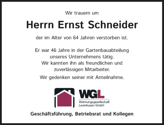Anzeige von Ernst Schneider von Kölner Stadt-Anzeiger / Kölnische Rundschau / Express