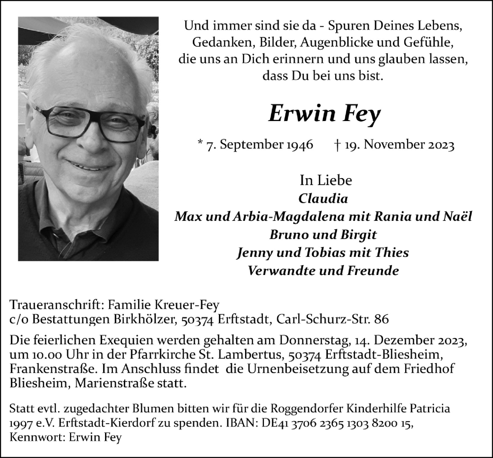  Traueranzeige für Erwin Fey vom 08.12.2023 aus  Werbepost 