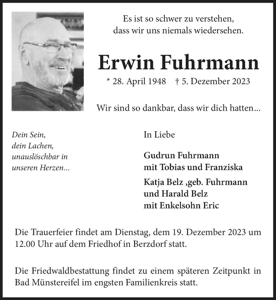  Traueranzeige für Erwin Fuhrmann vom 15.12.2023 aus  Schlossbote/Werbekurier 