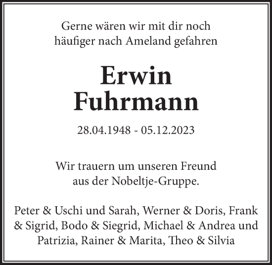 Anzeige von Erwin Fuhrmann von  Schlossbote/Werbekurier 
