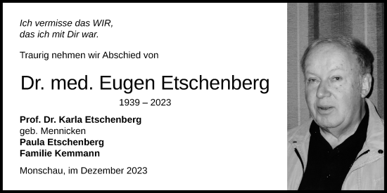 Anzeige von Eugen Etschenberg von Kölner Stadt-Anzeiger / Kölnische Rundschau / Express