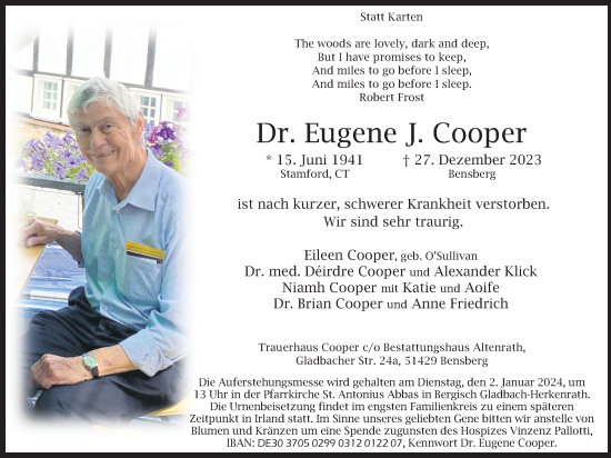 Anzeige von Eugene J. Cooper von Kölner Stadt-Anzeiger / Kölnische Rundschau / Express
