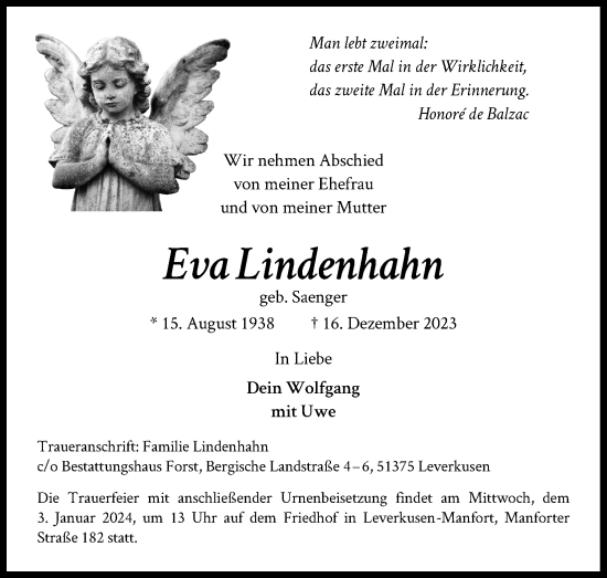 Anzeige von Eva Lindenhahn von Kölner Stadt-Anzeiger / Kölnische Rundschau / Express