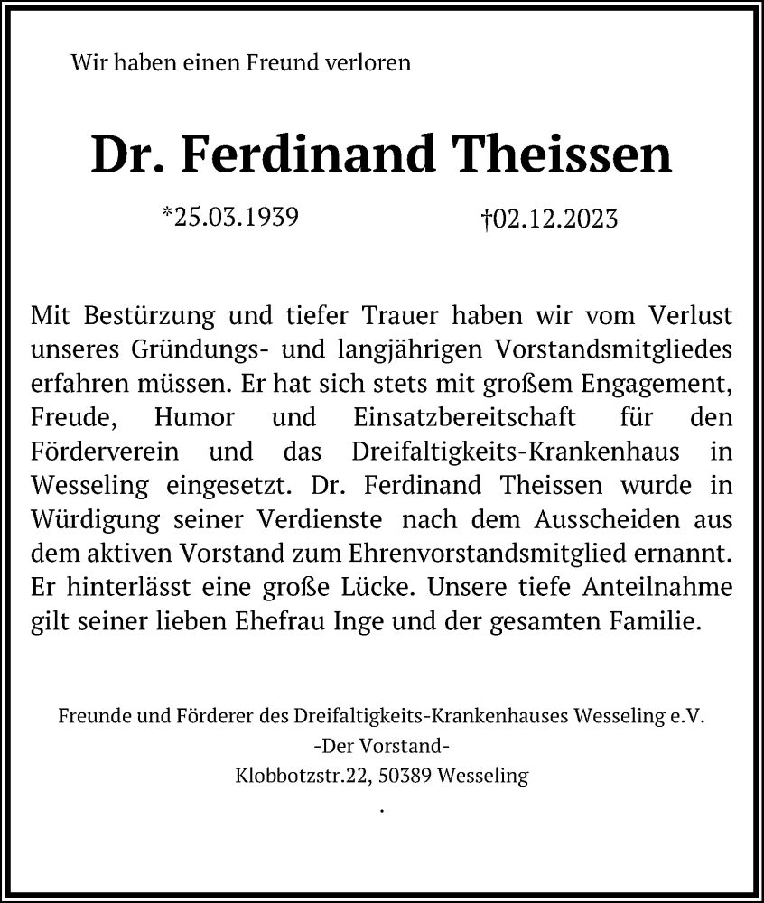  Traueranzeige für Ferdinand Theissen vom 12.12.2023 aus Kölner Stadt-Anzeiger / Kölnische Rundschau / Express
