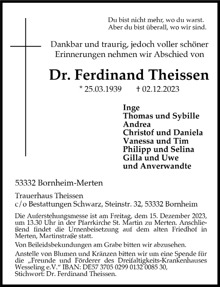  Traueranzeige für Ferdinand Theissen vom 08.12.2023 aus  Schaufenster/Blickpunkt  Schlossbote/Werbekurier 