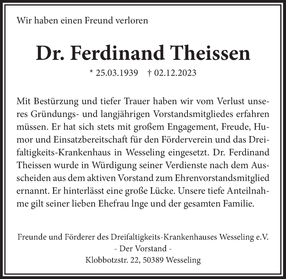  Traueranzeige für Ferdinand Theissen vom 15.12.2023 aus  Schlossbote/Werbekurier 