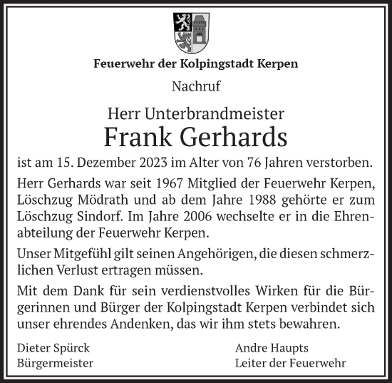 Anzeige von Frank Gerhards von  Werbepost 