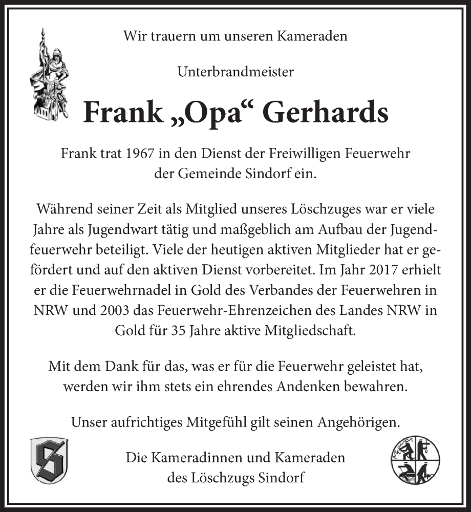  Traueranzeige für Frank Gerhards vom 22.12.2023 aus  Werbepost 