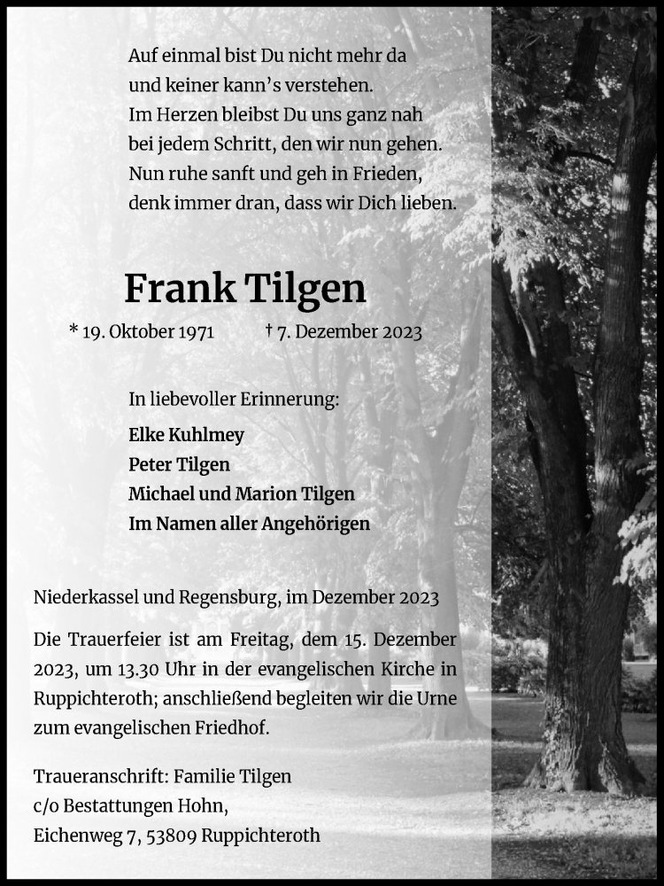  Traueranzeige für Frank Tilgen vom 12.12.2023 aus Kölner Stadt-Anzeiger / Kölnische Rundschau / Express