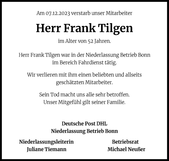 Anzeige von Frank Tilgen von Kölner Stadt-Anzeiger / Kölnische Rundschau / Express