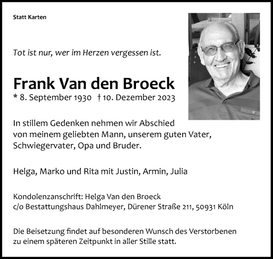 Anzeige von Frank  Van den Broeck von Kölner Stadt-Anzeiger / Kölnische Rundschau / Express