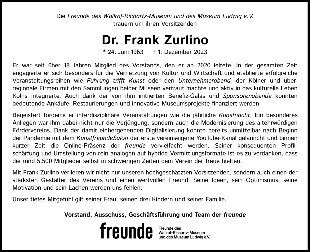  Traueranzeige für Frank Zurlino vom 09.12.2023 aus Kölner Stadt-Anzeiger / Kölnische Rundschau / Express