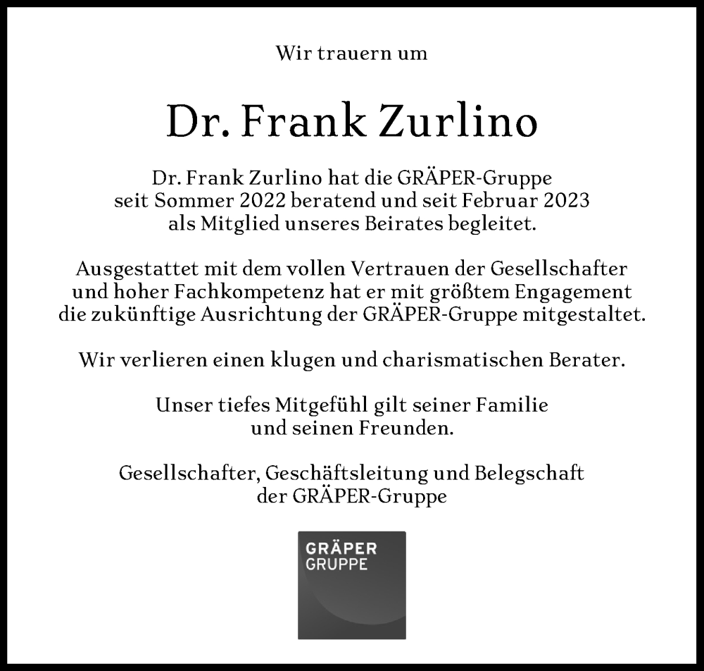  Traueranzeige für Frank Zurlino vom 16.12.2023 aus Kölner Stadt-Anzeiger / Kölnische Rundschau / Express