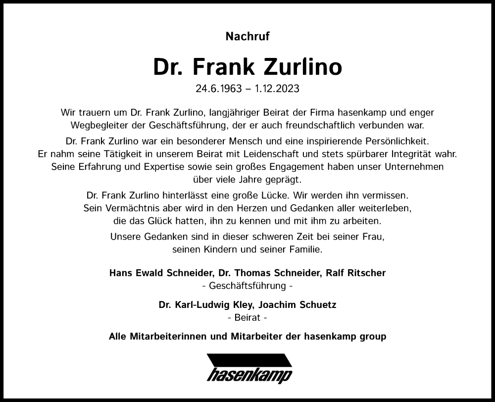  Traueranzeige für Frank Zurlino vom 09.12.2023 aus Kölner Stadt-Anzeiger / Kölnische Rundschau / Express