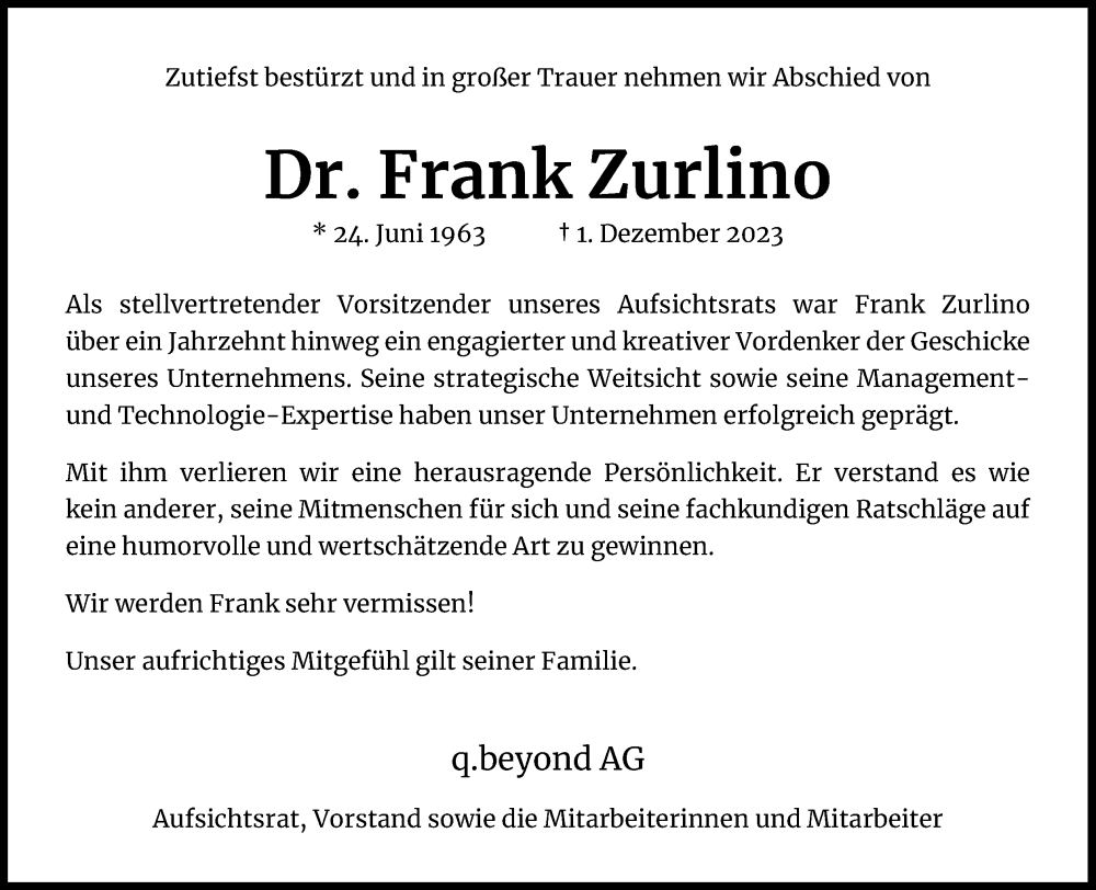  Traueranzeige für Frank Zurlino vom 13.12.2023 aus Kölner Stadt-Anzeiger / Kölnische Rundschau / Express
