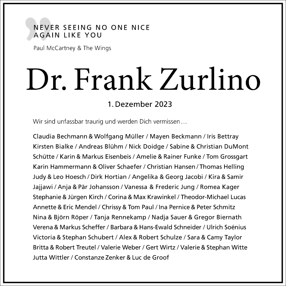  Traueranzeige für Frank Zurlino vom 16.12.2023 aus Kölner Stadt-Anzeiger / Kölnische Rundschau / Express
