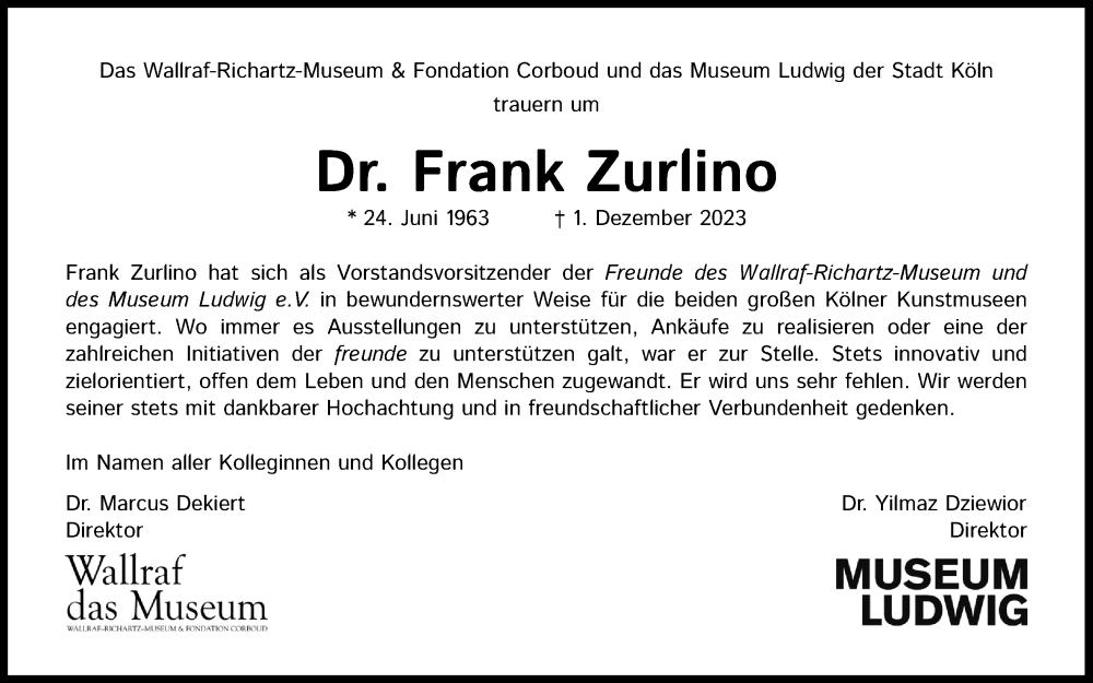  Traueranzeige für Frank Zurlino vom 09.12.2023 aus Kölner Stadt-Anzeiger / Kölnische Rundschau / Express