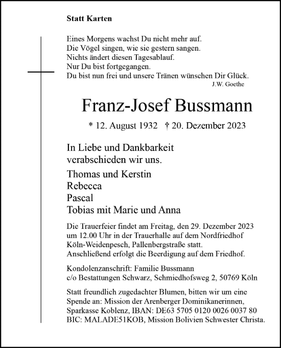 Anzeige von Franz-Josef Bussmann von Kölner Stadt-Anzeiger / Kölnische Rundschau / Express