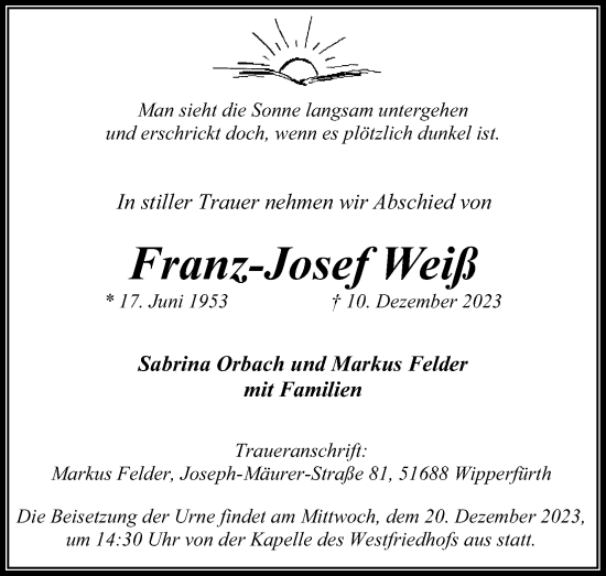 Anzeige von Franz-Josef Weiß von Kölner Stadt-Anzeiger / Kölnische Rundschau / Express