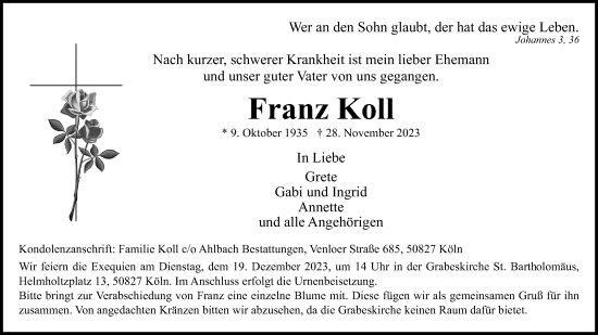 Anzeige von Franz Koll von Kölner Stadt-Anzeiger / Kölnische Rundschau / Express