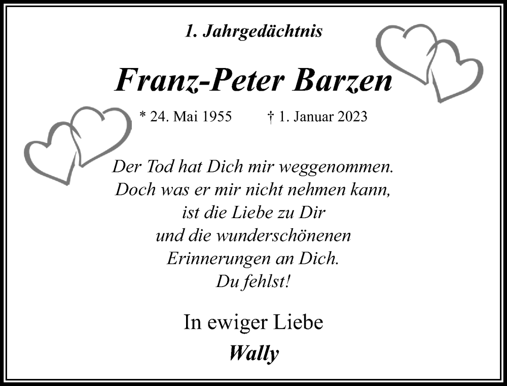  Traueranzeige für Franz-Peter Barze vom 30.12.2023 aus Kölner Stadt-Anzeiger / Kölnische Rundschau / Express