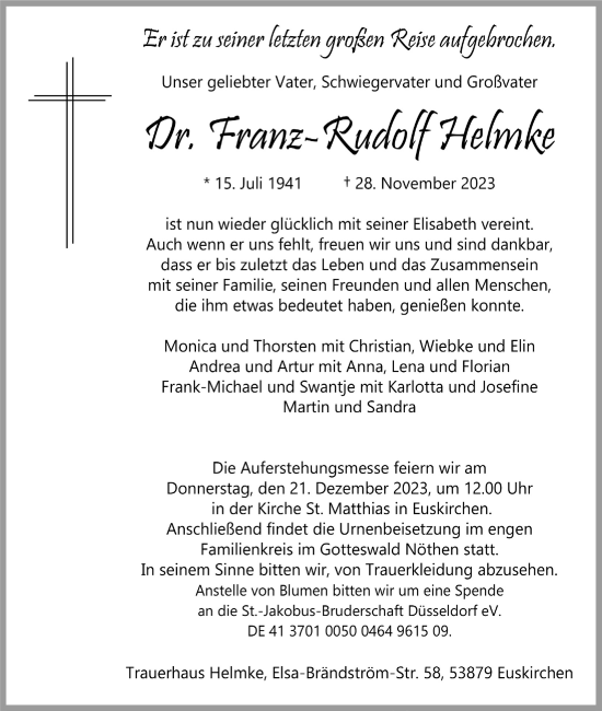 Anzeige von Franz-Rudolf Helmke von  Blickpunkt Euskirchen 