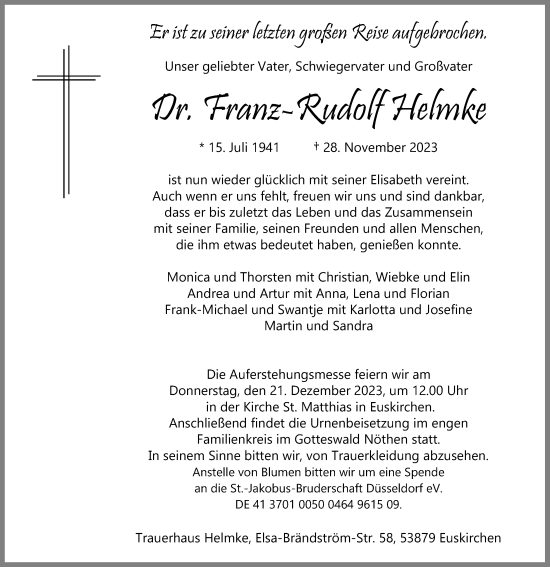 Anzeige von Franz-Rudolf Helmke von Kölner Stadt-Anzeiger / Kölnische Rundschau / Express